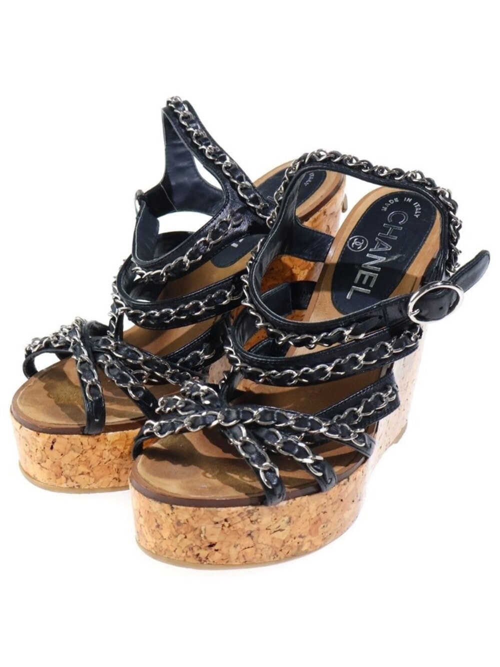 Chanel Chain Cork Wedge Sandals Brown